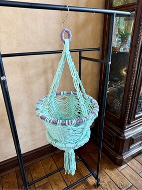 Handmade Mint Green Macramé Hanging Basket with Lavender Accents